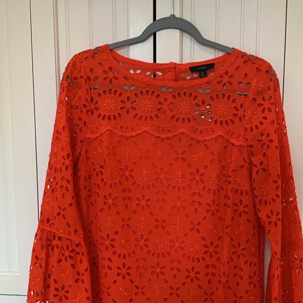 J. Crew Size 8 Bell-sleeve Dress in Embroidered Eyelet Brillant Sunset Red AK236